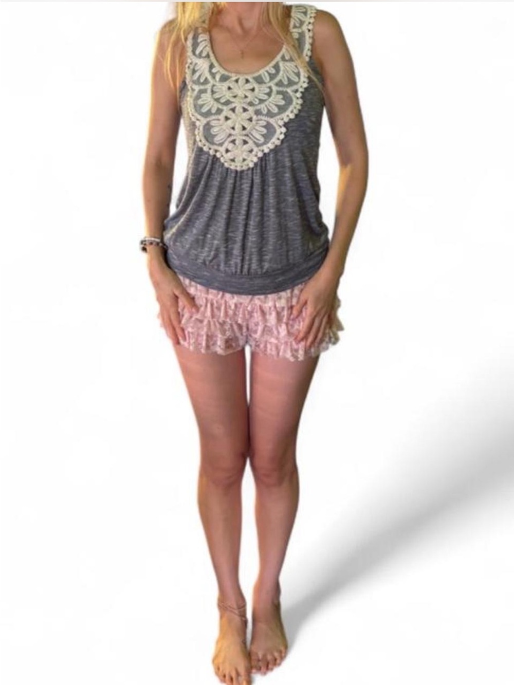 Coastal boho tank top grayish blue and white mesh embroidered lace Small Y2K
